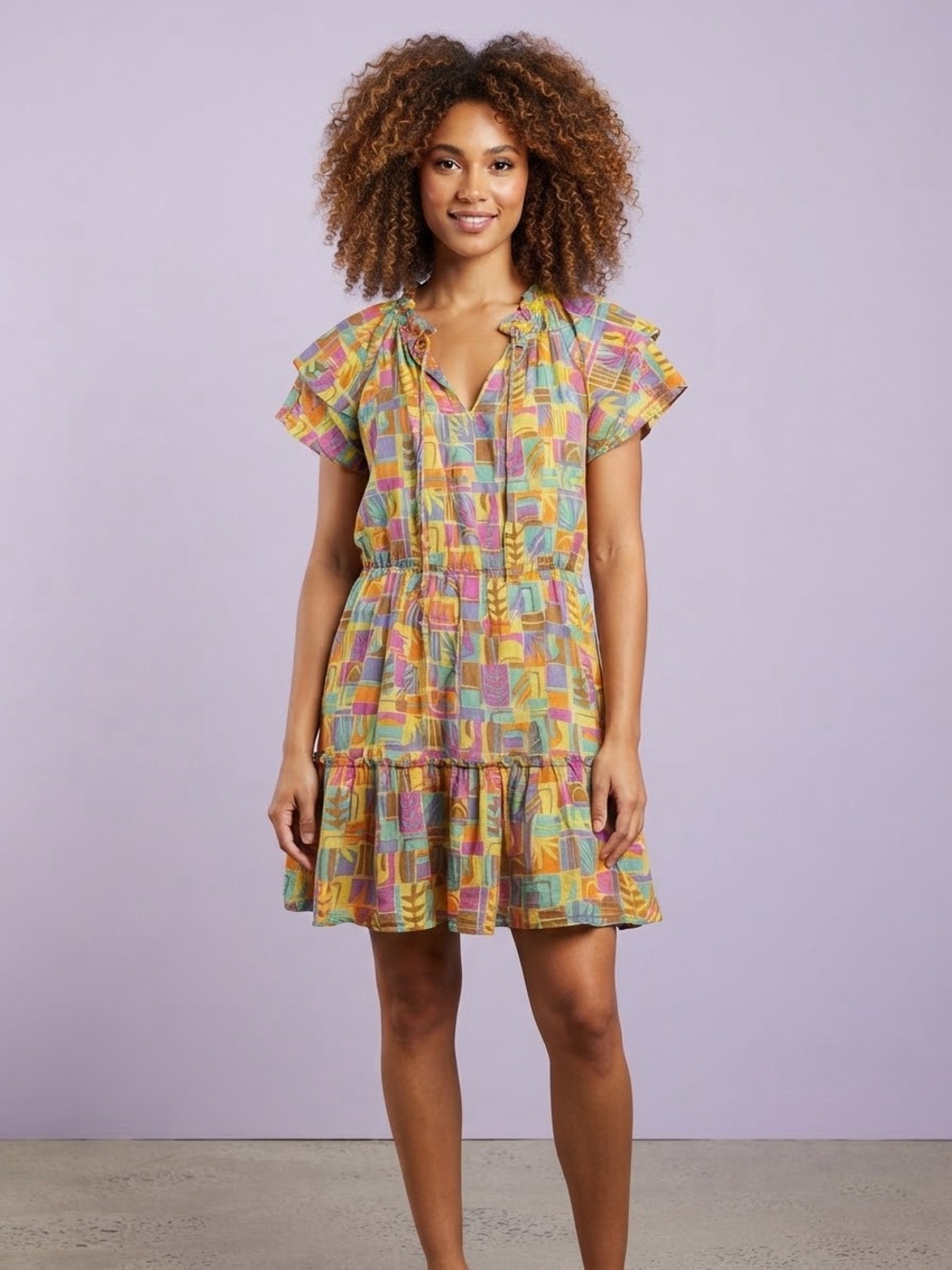 Olivia James the label Vibrant Multicolor Geometric Ruffle Mini Dress Size Medi